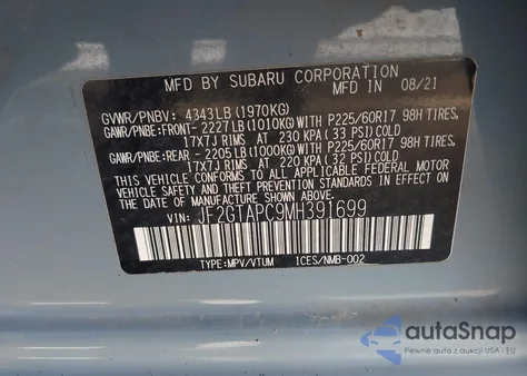 2021 Subaru Crosstrek Premium из США, поврежденный, VIN JF2GTAPC9MH391699